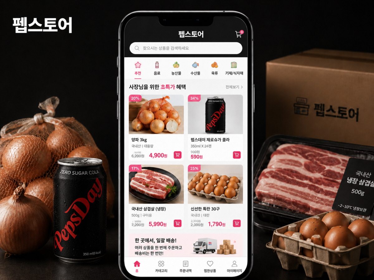 펩스토어 앱 화면과 양파, 펩스데이 제로콜라, 삼겹살, 계란 등 매장용 식자재